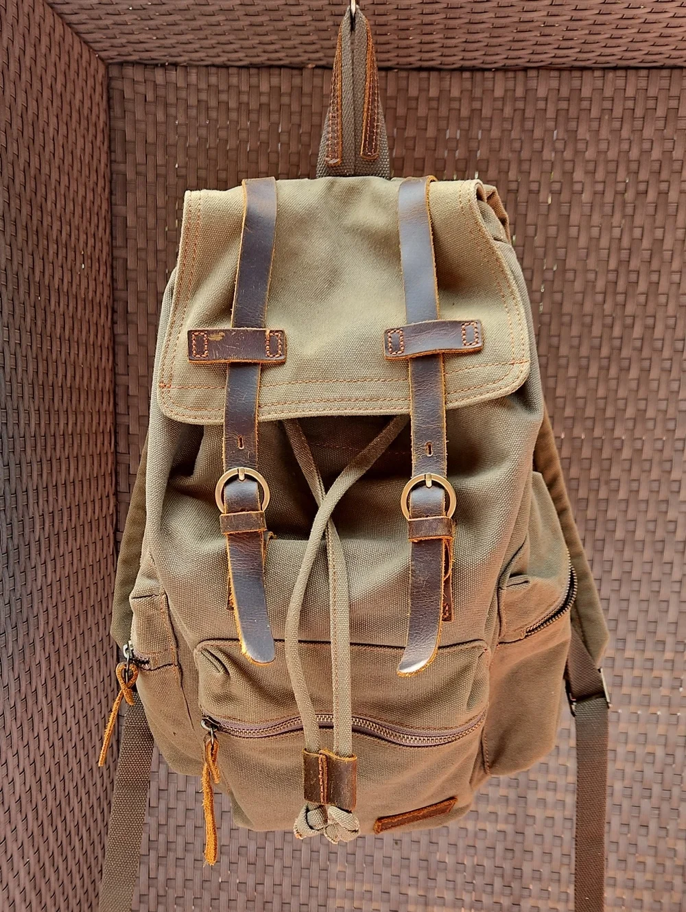 Khaki Canvas Backpack with Brown Leather Trim